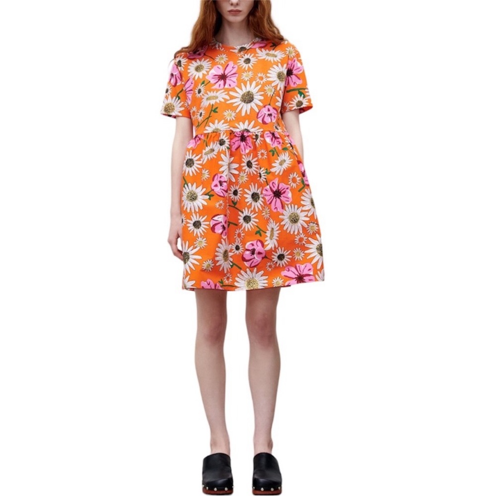 ZARA Mix Medía Cotton Orange Floral Print Short Sleeve Pull On Mini Dress M